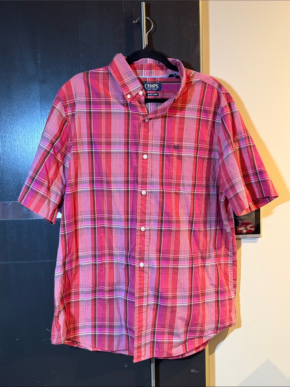 Chaps Men’s Short-Sleeve Plaid Button-Down Shirt - Pink